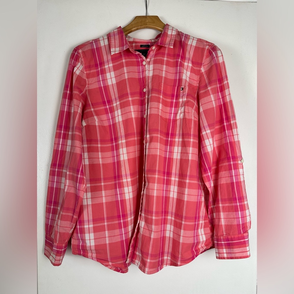Tommy Hilfiger Women Size L Pink Plaid Long Sleeve Button Down Shirt Cottagecore